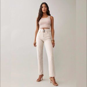 Reformation Cynthia Belted High Rise Straight Jeans in Bone Size 28